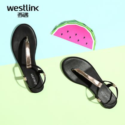 Westlink/西遇平底凉鞋女夏款2015新欧美真皮夹趾凉拖鞋舒适女鞋