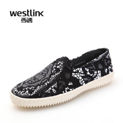 Westlink/西遇2015夏季新款黑白印花休闲一脚蹬懒人套脚男帆布鞋