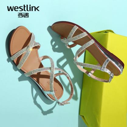 Westlink/西遇2015夏季新款浪漫水钻交叉绑带真皮低跟坡跟女凉鞋