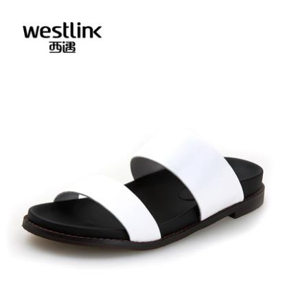 Westlink/西遇2015夏季新款欧美真皮一字型平底低跟舒适女凉拖鞋